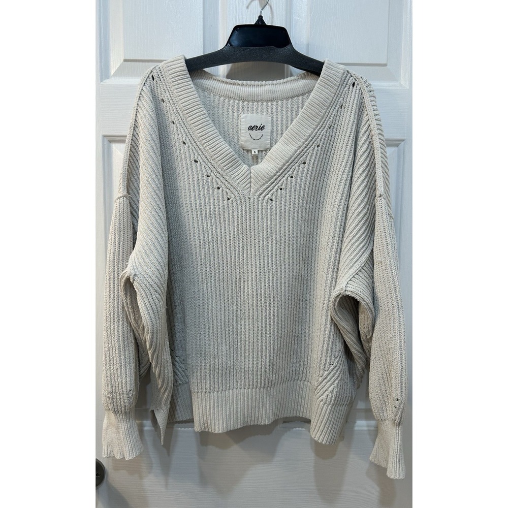 Aerie Ribbed Shaker‎ Stitch V-Neck Oversized Slouchy Sweater Sz XL Ivory Comfy